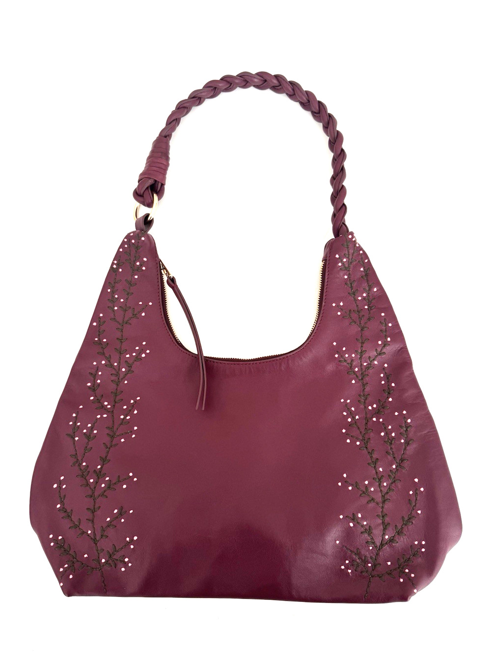 Coldwater Creek Hobo Shoulder Bag Burgundy Leather Wandering Thyme Embroidery Lg